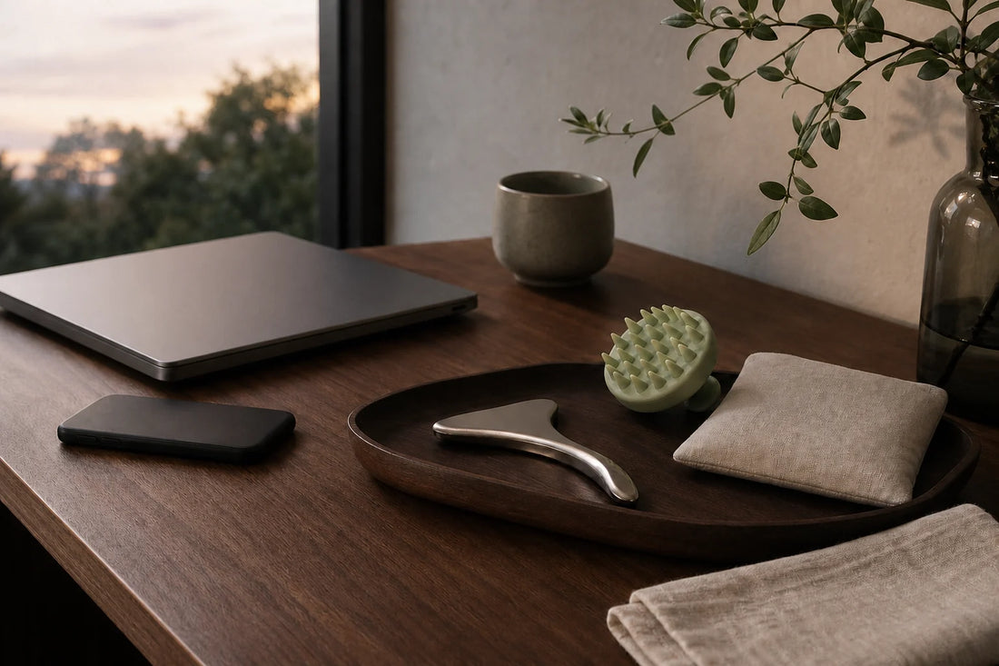 A closed laptop beside a sage scalp brush, stainless ritual tool and linen eye pillow arranged for a repeatable YUNMU screen-day reset.