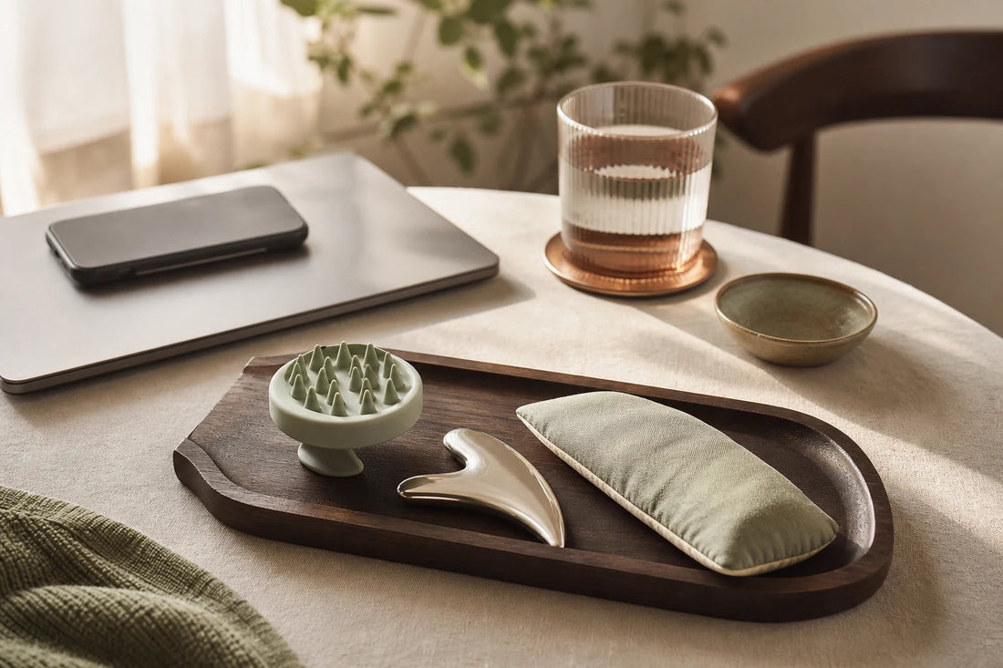 A closed laptop beside three calm, unbranded tactile cues for the YUNMU seven-minute reset