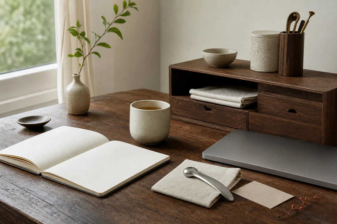 A quiet desk with a notebook, material sample and stainless ritual tool for transparent product education