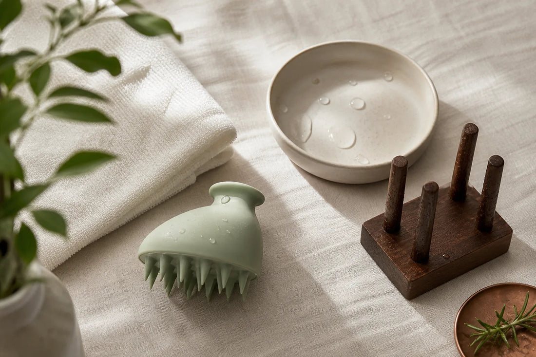 A silicone scalp brush beside a towel in a clean daily-care setting