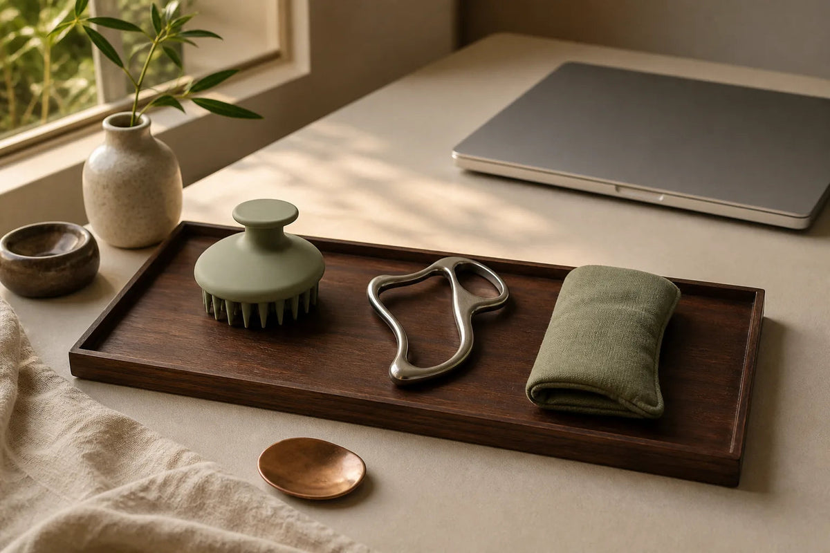 A calm evening desk reset with a scalp brush, neck tool and reusable eye pack